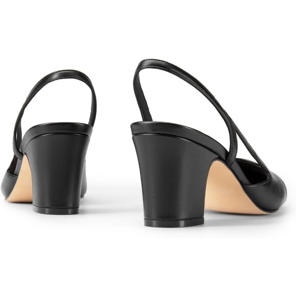 🆕Women Black Faux Leather Closed Round Toe Low Chunky Heel Slingback Pumps Shoe - Picture 5 of 7